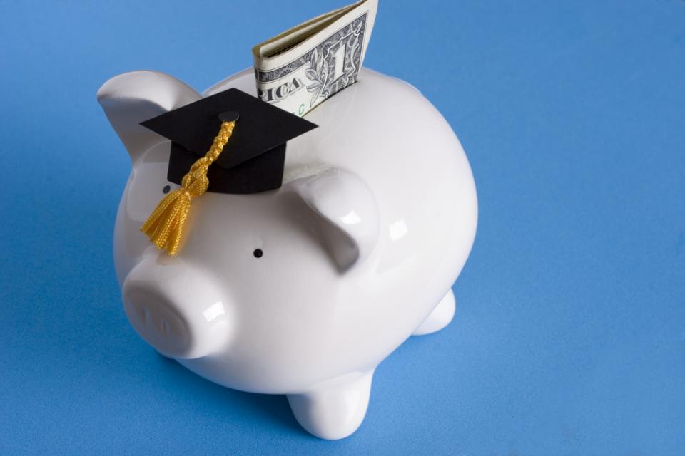 Piggy bank with graduation cap and money
